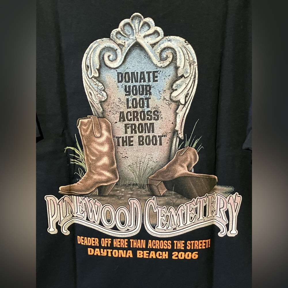 Pinewood Cemetery Pocket T Shirt Daytona Beach Across BootHill Deader Off Here M
